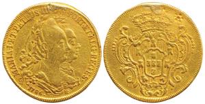 Brazil, Gold 6400 Reis, 14.36g, 1786, bust of Maria I & Pedro III on obv., locally known a