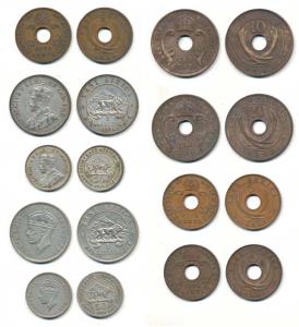 East Africa, George VI, Silver Shilling (2) and 50 Cents (2); Copper 5 Cents (3), 10 Cents