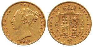 Great Britain, Victoria, Gold ½ Sovereign, 4g, Shield on rev., 1874. Fine+.