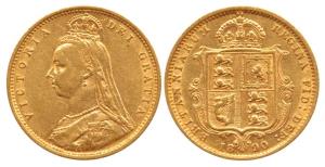 Great Britain, Victoria, Gold ½ Sovereign, 4g, Jubilee head, Shield on rev., 1892. Very Fi