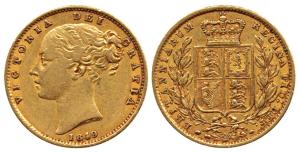 Great Britain, Victoria, Shield Sovereign, 8g, 1849. About Very Fine.