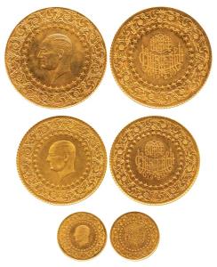 Turkey, Deluxe set of 3, Gold 500, 250 and 50 Kurush, 35g, 17.7g and 3.52g, total weight 5