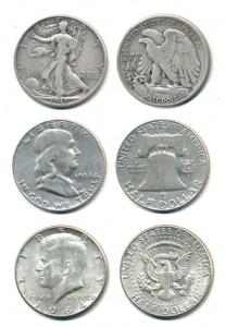 United States of America, Silver ½ Dollar, different varieties, 1945, 1954, 1964. Very Fin