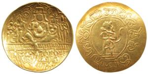Temple Token, Gold 6g, concave, Ram durbar with Ram and Sita on obv., rev. lord Hanuman in