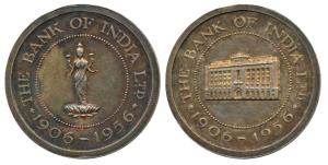 Round Silver Bar of The Bank of India, 1906-1956, Laxmiji standing on a Lotus on obv., the
