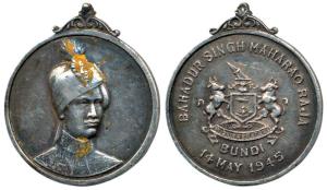 Bundi, Bahadur Singh, Silver Medal, bust of the king on obv.; coat of arms in the center, 