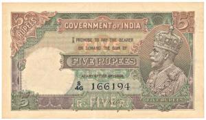 George V, Rupees 5, 2nd issue, 1934, signed J. W. Kelly, (Jhun5.2) prefix not recorded in 