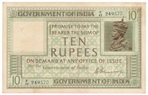 George V, Rupees 10, 1st issue, 1925, signed H. Denning, (Jhun 6B.1). Very Fine, Scarce.