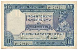 George V, Rupees 10, 2nd issue, 1926, signed J. B. Taylor, (Jhun 7.2). Slight staining on 