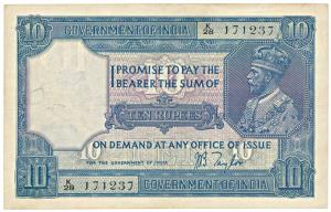 George V, Rupees 10, 2nd issue, 1926, signed J. B. Taylor, (Jhun 7.2). Very Fine+.