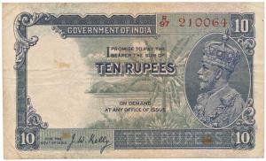 George V, Rupees 10, 3rd Issue, 1933, signed J. W. Kelly, (Jhun 8.2). Some stains otherwis
