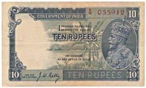 George V, Rupees 10, 3rd Issue, 1933, signed J. W. Kelly, (Jhun 8.2). Very Fine.