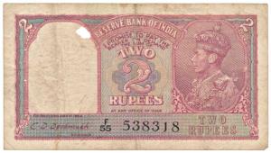 George VI, Rupees 2, 1944, signed C. D. Deshmukh, (Jhun 2.2). Fine, Small hole on top left