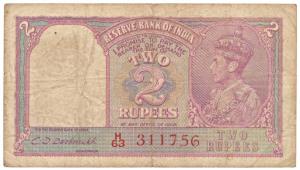 George VI, Rupees 2, 1944, signed C. D. Deshmukh, red serial number, (Jhun 2.3). Fine+.