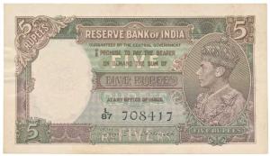 George VI, Rupees 5, 1st issue, 1944, signed C. D. Deshmukh, (Jhun 3.2). Very Fine+.
