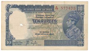 George VI, Rupees 10, 1st issue, 1938, signed J. B. Taylor, (Jhun 5.1). About Very Fine.
