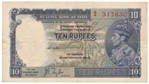 George VI, Rupees 10, 1st issue, 1938, signed J. B. Taylor, (Jhun 5.1). Very Fine.