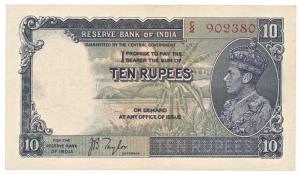 George VI, Rupees 10, 1st issue, 1938, signed J. B. Taylor, (Jhun 5.1). Folding stains on 