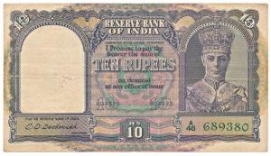 George VI, Rupees 10, 2nd issue, 1944, signed C. D. Deshmukh, (Jhun 6.1). About Very Fine.