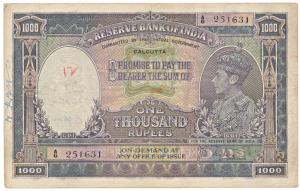 George VI, Rupees 1000, 1st issue, 1938, Calcutta, signed J. B. Taylor, (Jhun 8.1B). Graff