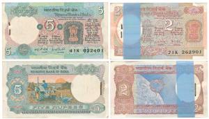 Rupees 2 and 5 bundles, signed R. N. Malhotra and I. G. Patel, (IPM# B-32 & C-20). Uncircu