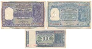 Rupees 100, 1953, 1960 and 1970, signed H.V.R. Iengar, P. C. Bhatacharya and B. N. Adarkar