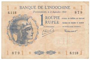 French India, Banque De L'Indochine, Rupee 1, Pondichery, 1945, (Jhun 1.7a). Very Fine, Ve