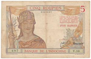 French India, Banque De L'Indochine, Rupees 5, Pondichery, (Jhun 2.2). About Very Fine, Ra