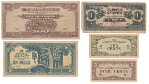 Japanese Government, complete set 5, 10 Cents, 1, 10 and 100 Dollars. Fine to Very Fine.