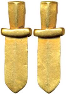 Gold ornament, 1.07g, a fine sword with a hole in its hilt for suspension, a fine specimen
