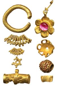 Gold Bead and other objects (9), (c. 3rd BC-3rd AD), 2.74g, a group of tiny objects includ