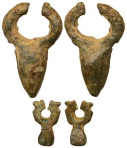 Makara Beads (c. 3rd BC-3rd AD), Copper cast beads of makara shape (2), both with a hole f
