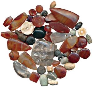 Beads, used for jewellery, a group of mixed beads of carnelian, jasper and different stone
