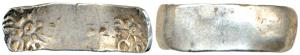 Punch-marked Coins, Gandhara Janapada (c. 400 BC), Silver (bent bar) Shatamana, six armed 