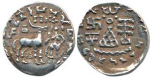 Kunindas, Amoghabhuti, (c. 200 BC), Silver Drachma, obv. deer standing to right with godde