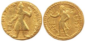 Kushanas, Kanishka I (c. AD 127 -152), Gold Dinara, obv. king holding a spear in his left 
