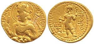 Kushanas, Huvishka, (c. AD 152-192), Gold Dinara, obv. king nimbate, diademed and crowned 