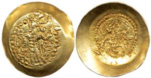 Kushano Sassanian, Bahram III (c. AD 350), Gold Dinara, obv. king standing to left, wearin