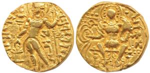 Guptas, Samudragupta, Gold Dinar, Standard type, obv. king nimbate, standing left, holding
