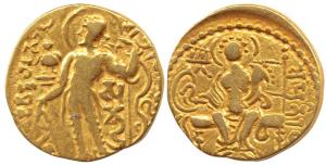 Guptas, Samudragupta, Gold Dinar, Archer type, obv. king nimbate, standing left, holding b