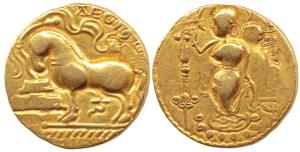 Guptas, Samudragupta, Gold Dinar, Ashvamedha type, obv. Sacrificial horse facing left tied