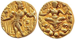 Guptas, Chandragupta II Vikramaditya (AD 380-413), Gold Dinar, Archer type, obv. king nimb