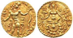 Guptas, Chandragupta II, Gold Dinar, Archer type, obv. king nimbate, standing with his hea