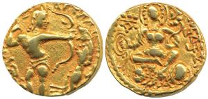 Guptas, Chandragupta II, Gold Dinar, Lion-Slayer type, obv. king standing drawing a bow an
