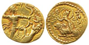Guptas, Chandragupta II, Gold Dinar, Lion-trampler type, obv. king with his left foot on t