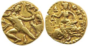 Guptas, Kumaragupta I (c. AD 414-455), Gold Dinar, Lion-slayer type, obv. king nimbate sta