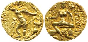 Guptas, Kumaragupta I, Gold Dinar, Lion-slayer type, obv. king standing right wearing wais