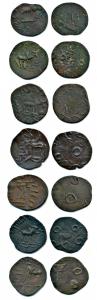 Lesser Satavahanas of Banavasi (Karnataka), Copper Kasu (7), obv. bull facing right and le