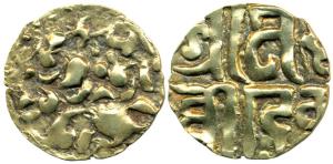 Kalachuris of Ratnapura, Prithivideva, base Gold Dinar, obv. tiger mounted upon an elephan