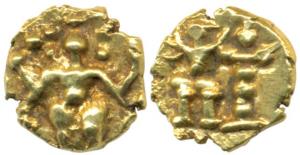 Hoysala Gold Fanam, obv. four armed standing Vishnu; rev. Garuda. Very Fine+, Very Rare.